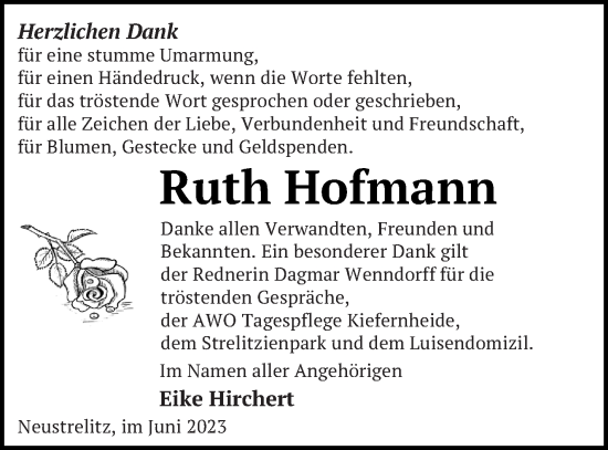 Traueranzeige von Ruth Hofmann von Strelitzer Zeitung