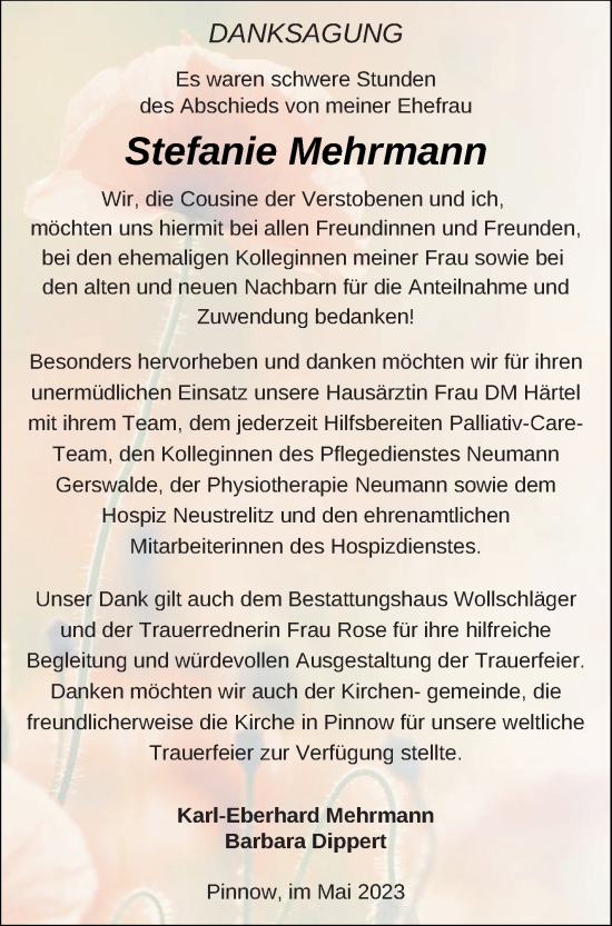 Traueranzeige von Stefanie Mehrmann von Prenzlauer Zeitung