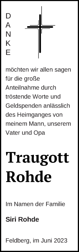 Traueranzeige von Traugott Rohde von Strelitzer Zeitung