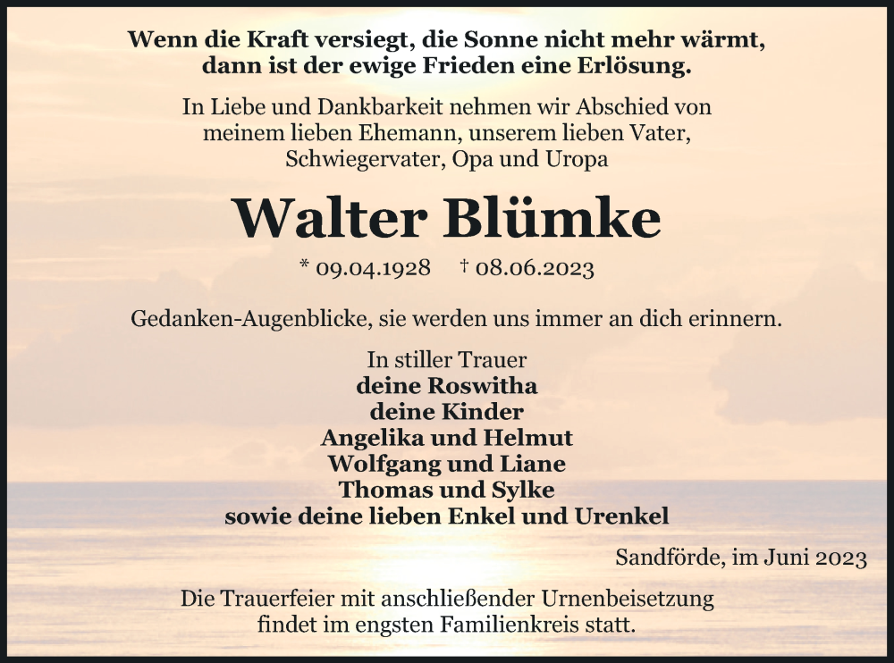  Traueranzeige für Walter Blümke vom 15.06.2023 aus Pasewalker Zeitung