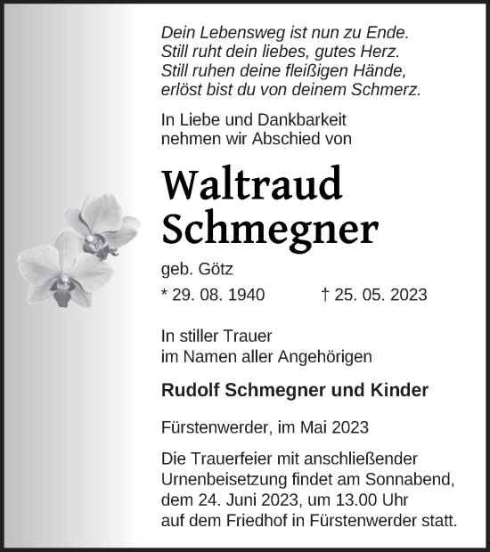 Traueranzeige von Waltraud Schmegner von Prenzlauer Zeitung