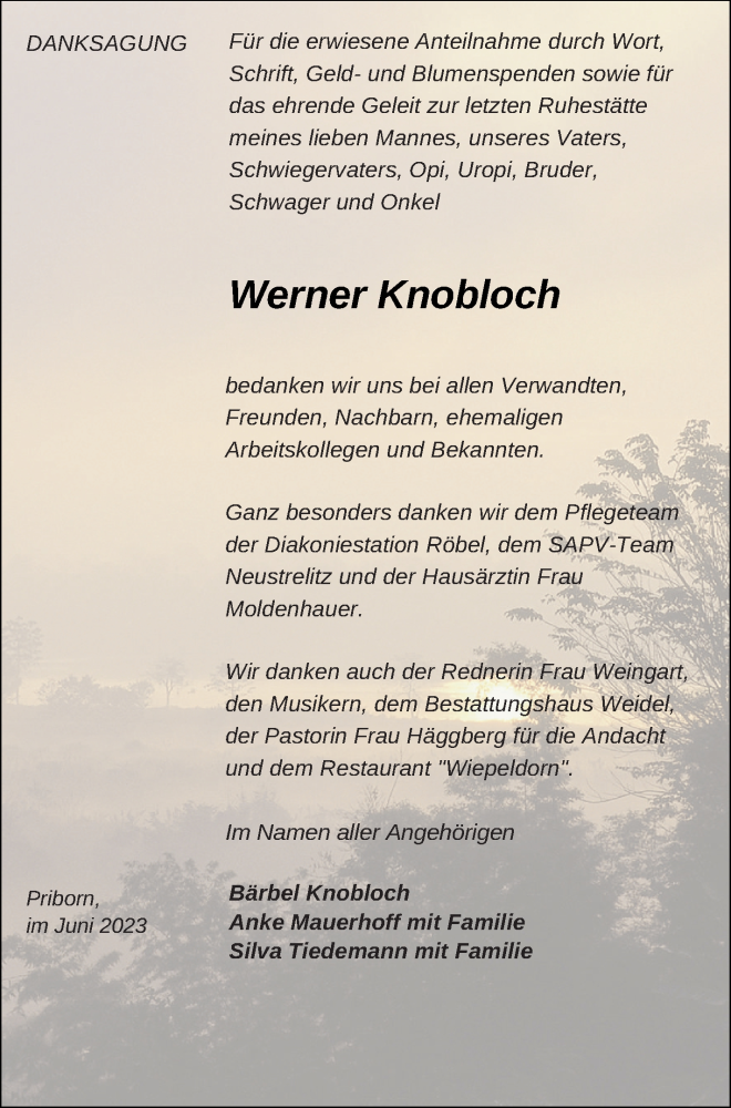  Traueranzeige für Werner Knobloch vom 24.06.2023 aus Mecklenburger Schweiz