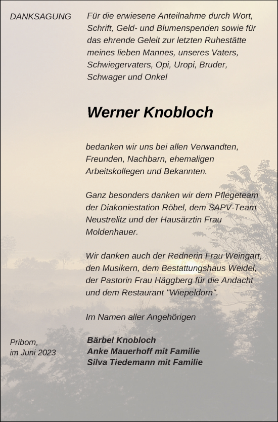 Traueranzeige von Werner Knobloch von Mecklenburger Schweiz