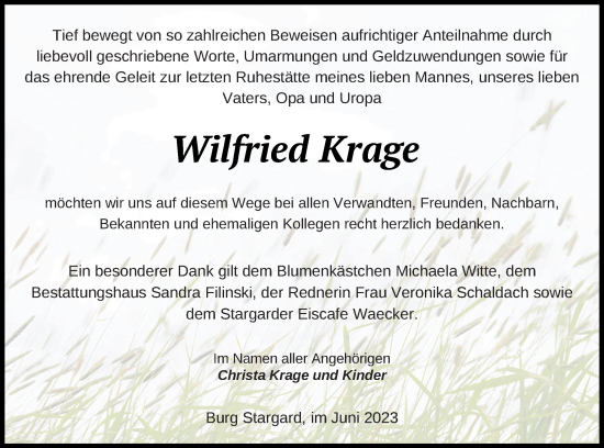 Traueranzeige von Wilfried Krage von Neubrandenburger Zeitung