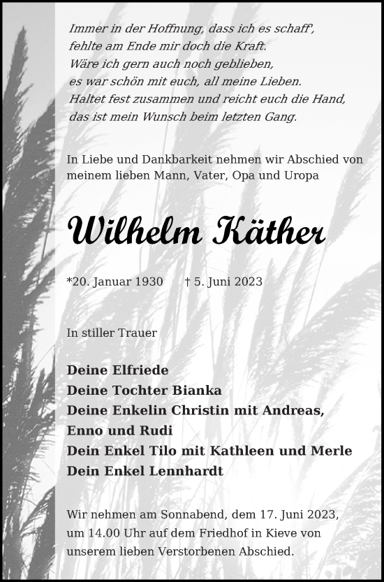 Traueranzeige von Wilhelm Käther von Müritz-Zeitung