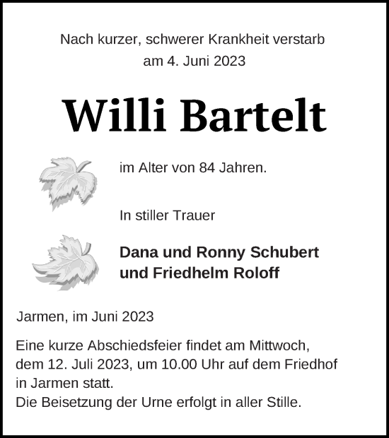 Traueranzeige von Willi Bartelt von Vorpommern Kurier