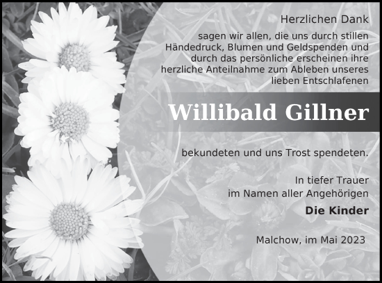 Traueranzeige von Willibald Gillner von Müritz-Zeitung