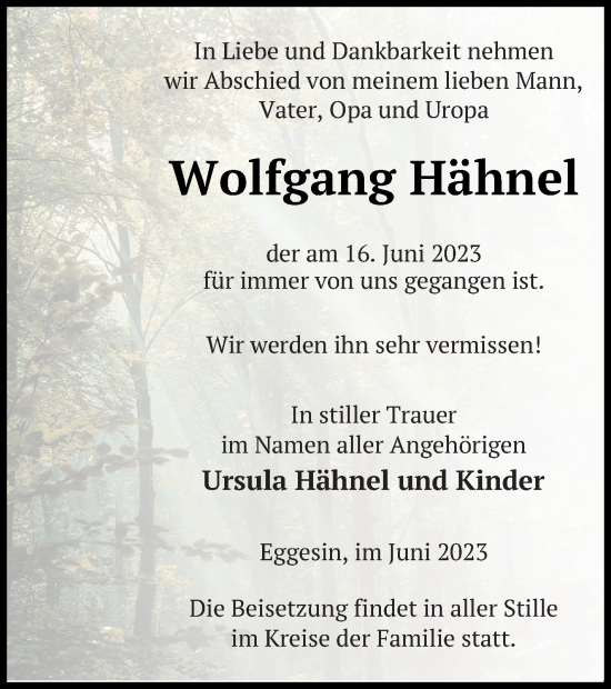 Traueranzeige von Wolfgang Hähnel von Haff-Zeitung