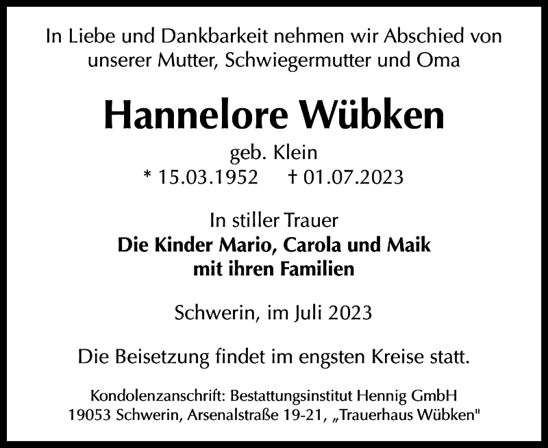  Traueranzeige für Hannelore Wübken vom 22.07.2023 aus Gadebusch-Rehnaer Zeitung