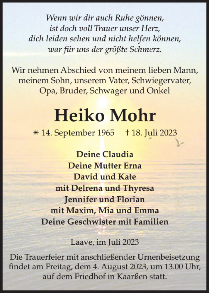  Traueranzeige für Heiko Mohr vom 29.07.2023 aus Hagenower Kreisblatt