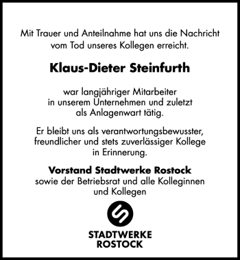 Traueranzeige von Klaus-Dieter Steinfurth von Norddeutsche Neueste Nachrichten