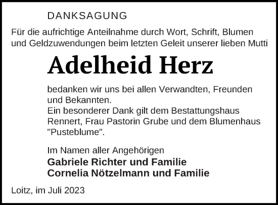 Traueranzeige von Adelheid Herz von Vorpommern Kurier