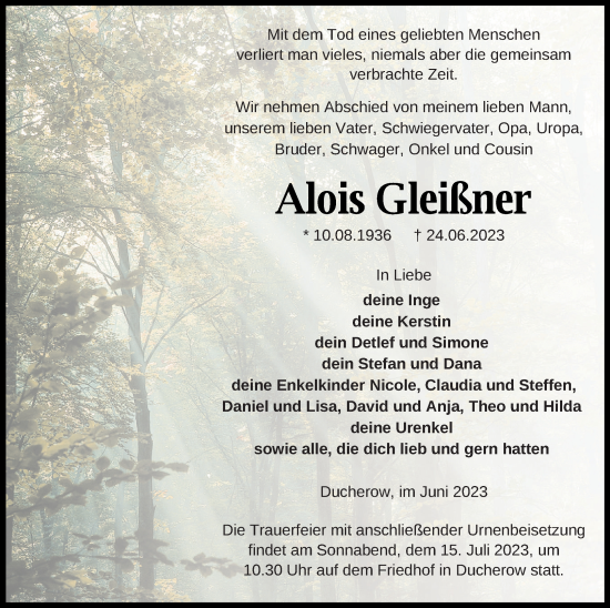 Traueranzeige von Alois Gleißner von Vorpommern Kurier