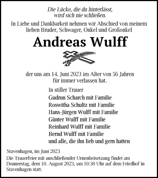 Traueranzeige von Andreas Wulff von Mecklenburger Schweiz