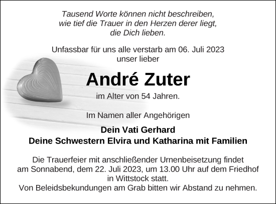 Traueranzeige von André Zuter von Prenzlauer Zeitung