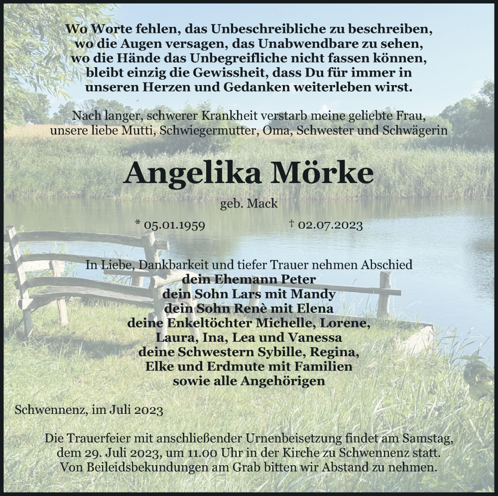  Traueranzeige für Angelika Mörke vom 14.07.2023 aus Pasewalker Zeitung