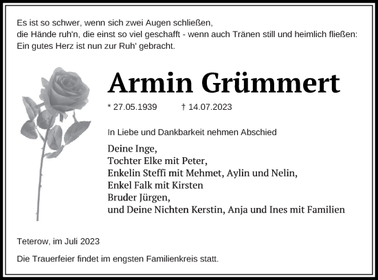 Traueranzeige von Armin Grümmert von Mecklenburger Schweiz