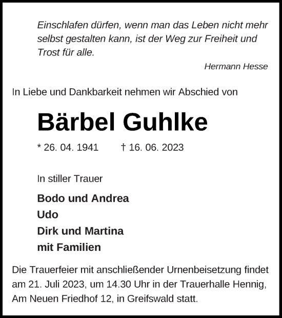 Traueranzeige von Bärbel Guhlke von Strelitzer Zeitung