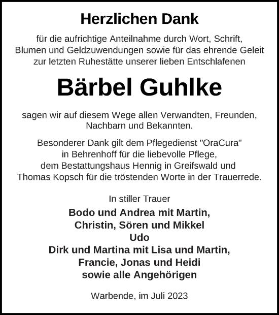 Traueranzeige von Bärbel Guhlke von Strelitzer Zeitung