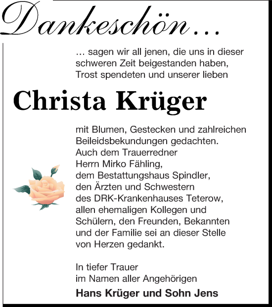 Traueranzeige von Christa Krüger von Mecklenburger Schweiz