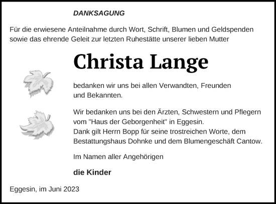 Traueranzeige von Christa Lange von Haff-Zeitung