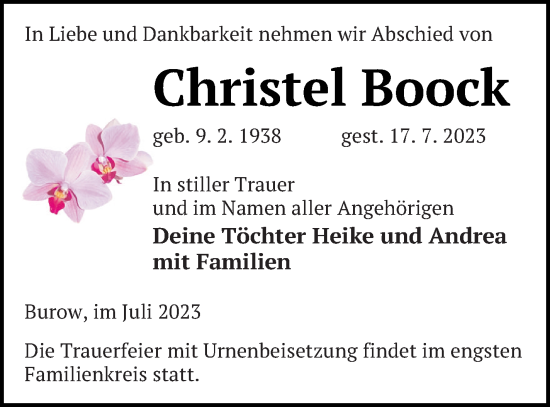 Traueranzeige von Christel Boock von Neubrandenburger Zeitung