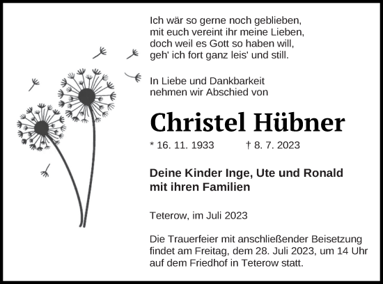 Traueranzeige von Christel Hübner von Mecklenburger Schweiz