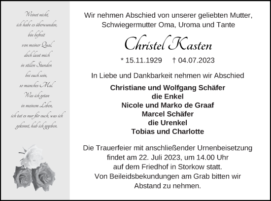 Traueranzeige von Christel Kasten von Templiner Zeitung