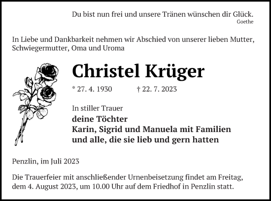 Traueranzeige von Christel Krüger von Müritz-Zeitung