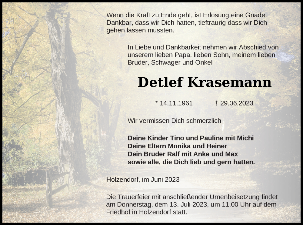  Traueranzeige für Detlef Krasemann vom 05.07.2023 aus Strelitzer Zeitung