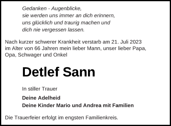 Traueranzeige von Detlef Sann von Müritz-Zeitung