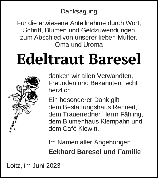 Traueranzeige von Edeltraut Baresel von Vorpommern Kurier