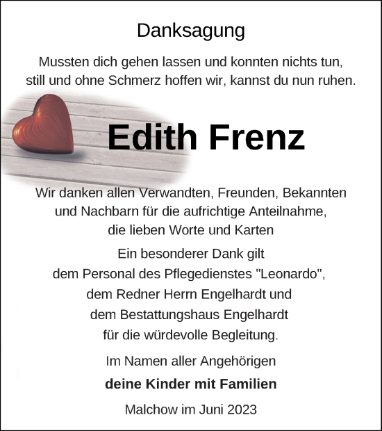 Traueranzeige von Edith Frenz von Müritz-Zeitung