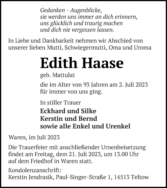 Traueranzeige von Edith Haase von Müritz-Zeitung