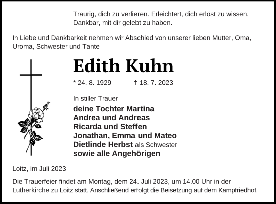 Traueranzeige von Edith Kuhn von Vorpommern Kurier