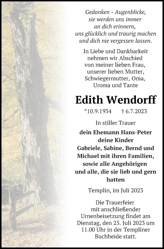 Traueranzeige von Edith Wendorff von Templiner Zeitung