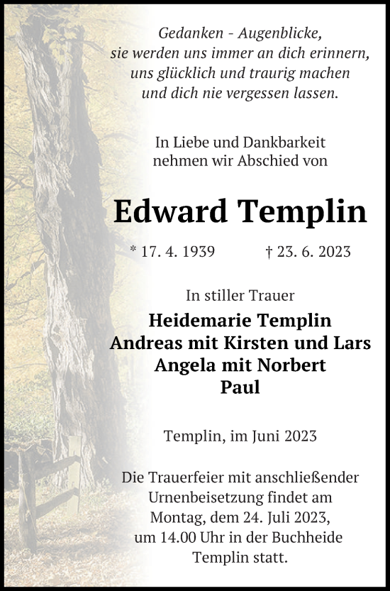 Traueranzeige von Edward Templin von Templiner Zeitung