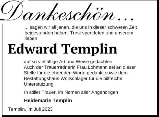 Traueranzeige von Edward Templin von Templiner Zeitung