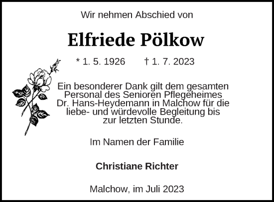 Traueranzeige von Elfriede Pölkow von Müritz-Zeitung