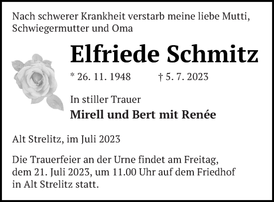 Traueranzeige von Elfriede Schmitz von Strelitzer Zeitung