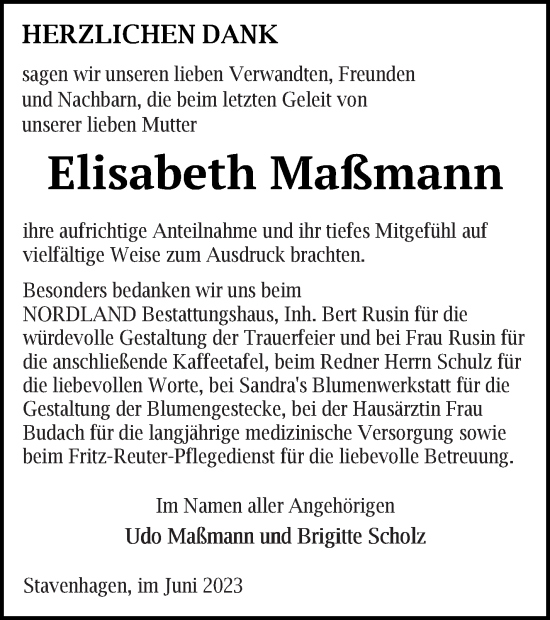 Traueranzeige von Elisabeth Maßmann von Mecklenburger Schweiz