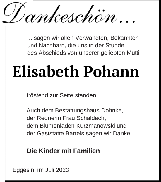 Traueranzeige von Elisabeth Pohann von Haff-Zeitung