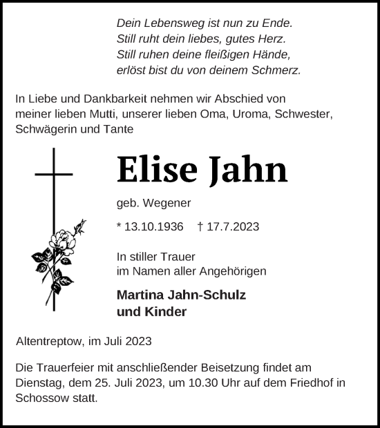 Traueranzeige von Elise Jahn von Demminer Zeitung