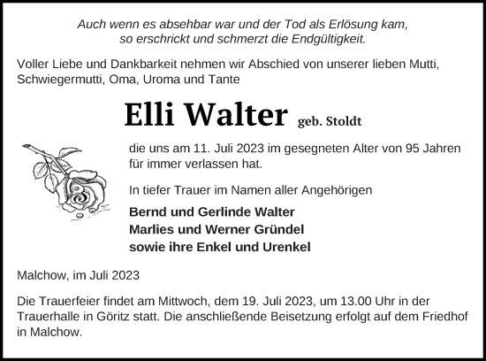 Traueranzeige von Elli Walter von Prenzlauer Zeitung