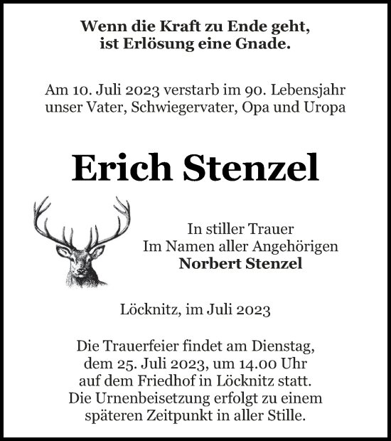 Traueranzeige von Erich Stenzel von Pasewalker Zeitung