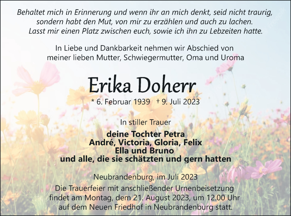  Traueranzeige für Erika Doherr vom 27.07.2023 aus Neubrandenburger Zeitung