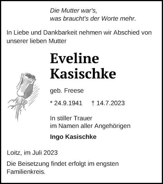 Traueranzeige von Eveline Kasischke von Vorpommern Kurier