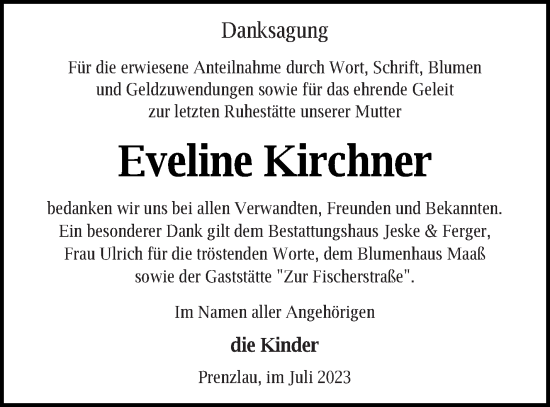 Traueranzeige von Eveline Kirchner von Prenzlauer Zeitung