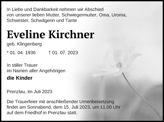 Traueranzeige von Eveline Kirchner von Prenzlauer Zeitung