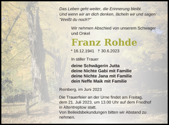 Traueranzeige von Franz Rohde von Neubrandenburger Zeitung